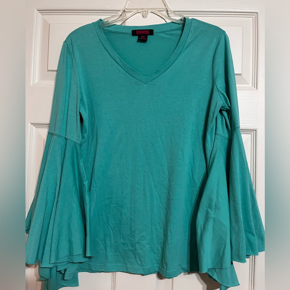 Rock & Roll Cowgirl Teal V-Neck Flare Sleeve Blouse